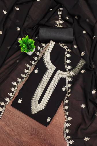 Women's black unstitched embroidered georgette dress material 