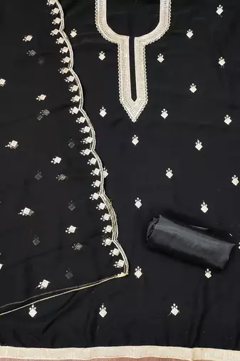 Women's black unstitched embroidered georgette dress material 