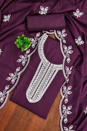 Women's purple unstitched embroidered cotton dress material 