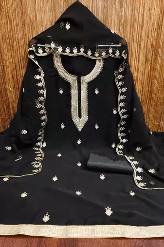 Women's black unstitched embroidered georgette dress material 