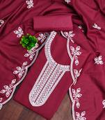 Women's maroon unstitched embroidered cotton dress material