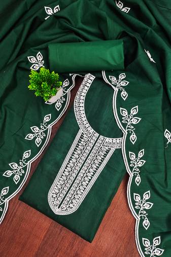 Women's green unstitched embroidered cotton dress material 