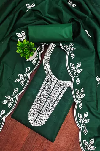 Women's green unstitched embroidered cotton dress material 