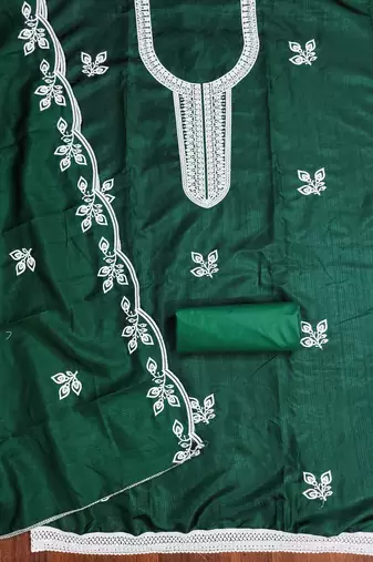 Women's green embroidered cotton dress material
