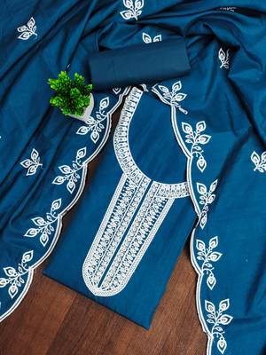Women's blue embroidered cotton dress material 1