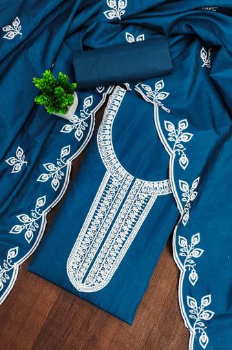 Women's blue unstitched embroidered cotton dress material 