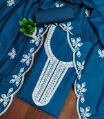Women's blue embroidered cotton dress material