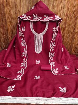 Women's maroon embroidered cotton dress material 3