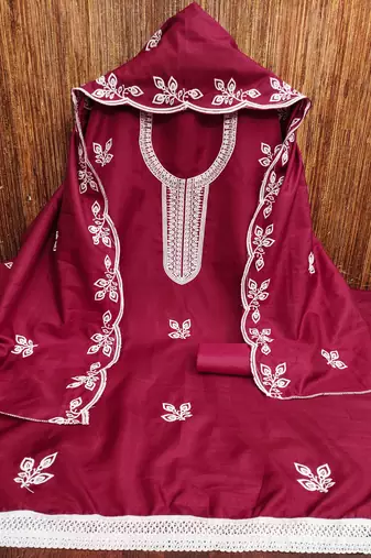 Women's maroon embroidered cotton dress material