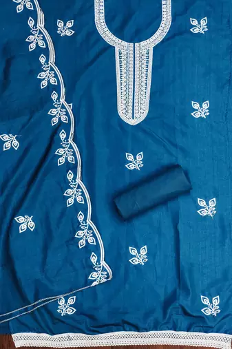 Women's blue embroidered cotton dress material