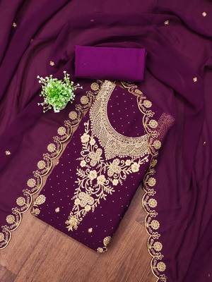 Women's purple embroidered georgette dress material 1