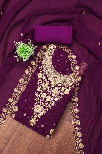 Women's purple unstitched embroidered georgette dress material 