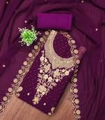 Women's purple unstitched embroidered georgette dress material
