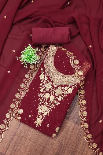 Women's maroon unstitched embroidered georgette dress material 