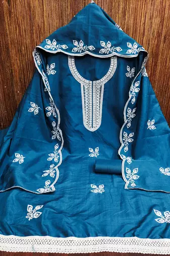 Women's blue embroidered cotton dress material