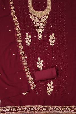 Women's maroon embroidered georgette dress material 2