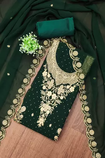Women's green unstitched embroidered georgette dress material 