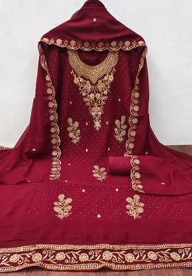 Women's maroon embroidered georgette dress material 3