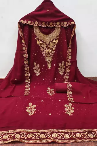 Women's maroon embroidered georgette dress material
