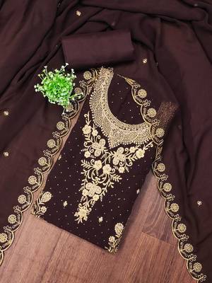 Women's brown unstitched embroidered georgette dress material  1