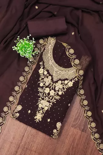 Women's brown unstitched embroidered georgette dress material 