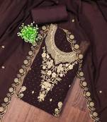 Women's brown unstitched embroidered georgette dress material 