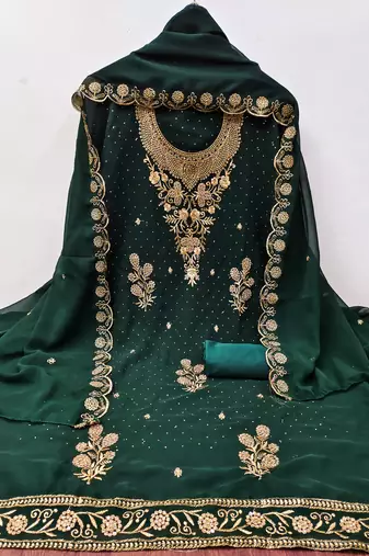 Women's green embroidered georgette dress material