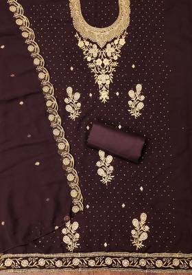 Women's brown unstitched embroidered georgette dress material  2