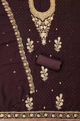 Women's brown unstitched embroidered georgette dress material 