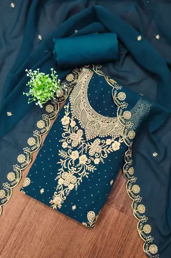 Women's blue unstitched embroidered georgette dress material 