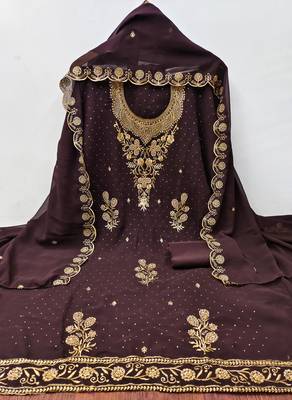 Women's brown unstitched embroidered georgette dress material  3