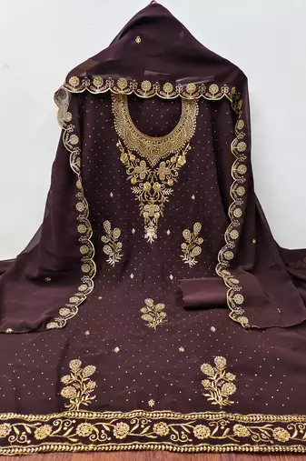 Women's brown unstitched embroidered georgette dress material 