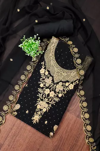 Women's black unstitched embroidered georgette dress material 