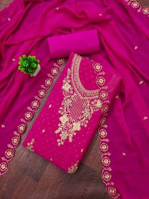 Women's magenta embroidered georgette dress material 1