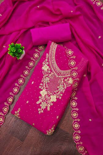 Women's magenta unstitched embroidered georgette dress material 