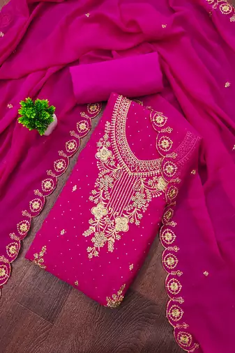 Women's magenta unstitched embroidered georgette dress material 