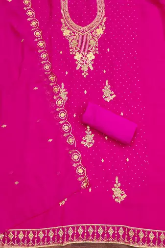 Women's magenta embroidered georgette dress material