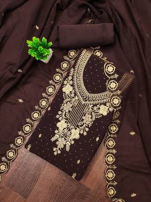 Women's brown embroidered georgette dress material 1