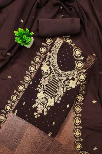 Women's brown unstitched embroidered georgette dress material 