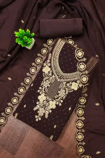 Women's brown unstitched embroidered georgette dress material 