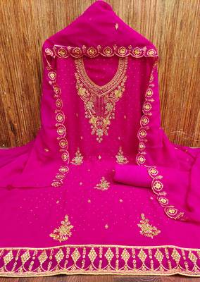 Women's magenta embroidered georgette dress material 3
