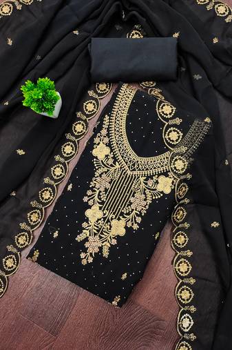 Women's black unstitched embroidered georgette dress material 
