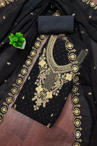 Women's black unstitched embroidered georgette dress material 