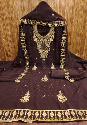 Women's brown embroidered georgette dress material 3