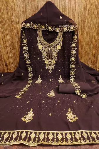 Women's brown embroidered georgette dress material