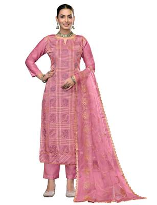 Women's pink embroidered roman cotton silk dress material 1