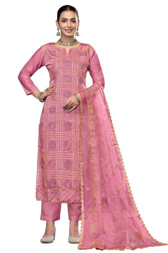 Women's pink unstitched embroidered roman cotton silk dress material 