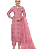 Women's pink unstitched embroidered roman cotton silk dress material