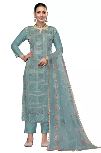Women's turquoise blue unstitched embroidered roman cotton silk dress material 
