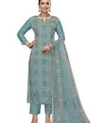 Women's turquoise blue embroidered roman cotton silk dress material